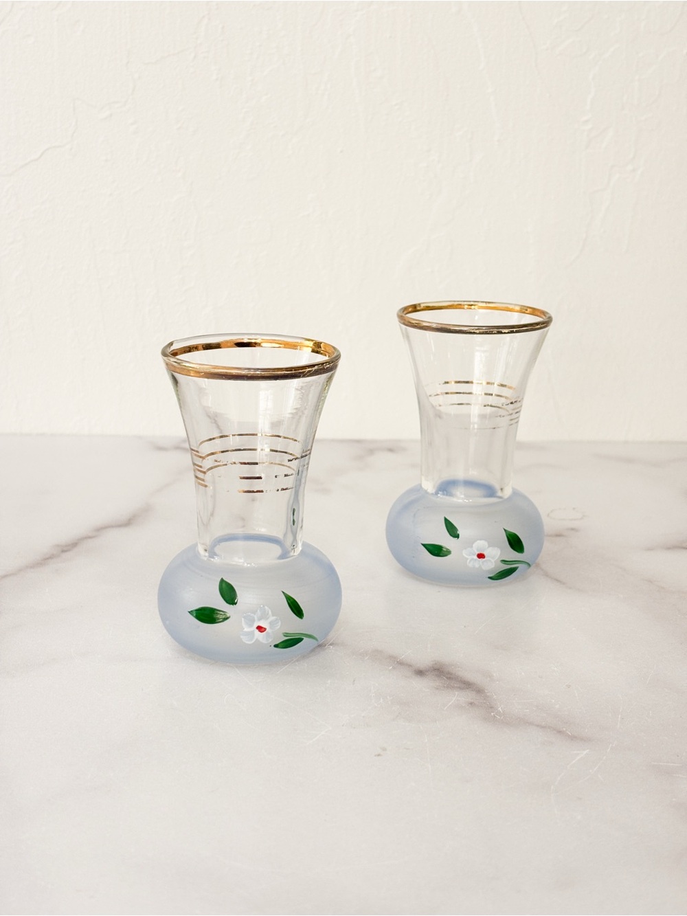 Hand-Painted Floral Glass Bud Vases with Gold Rim - Light Blue